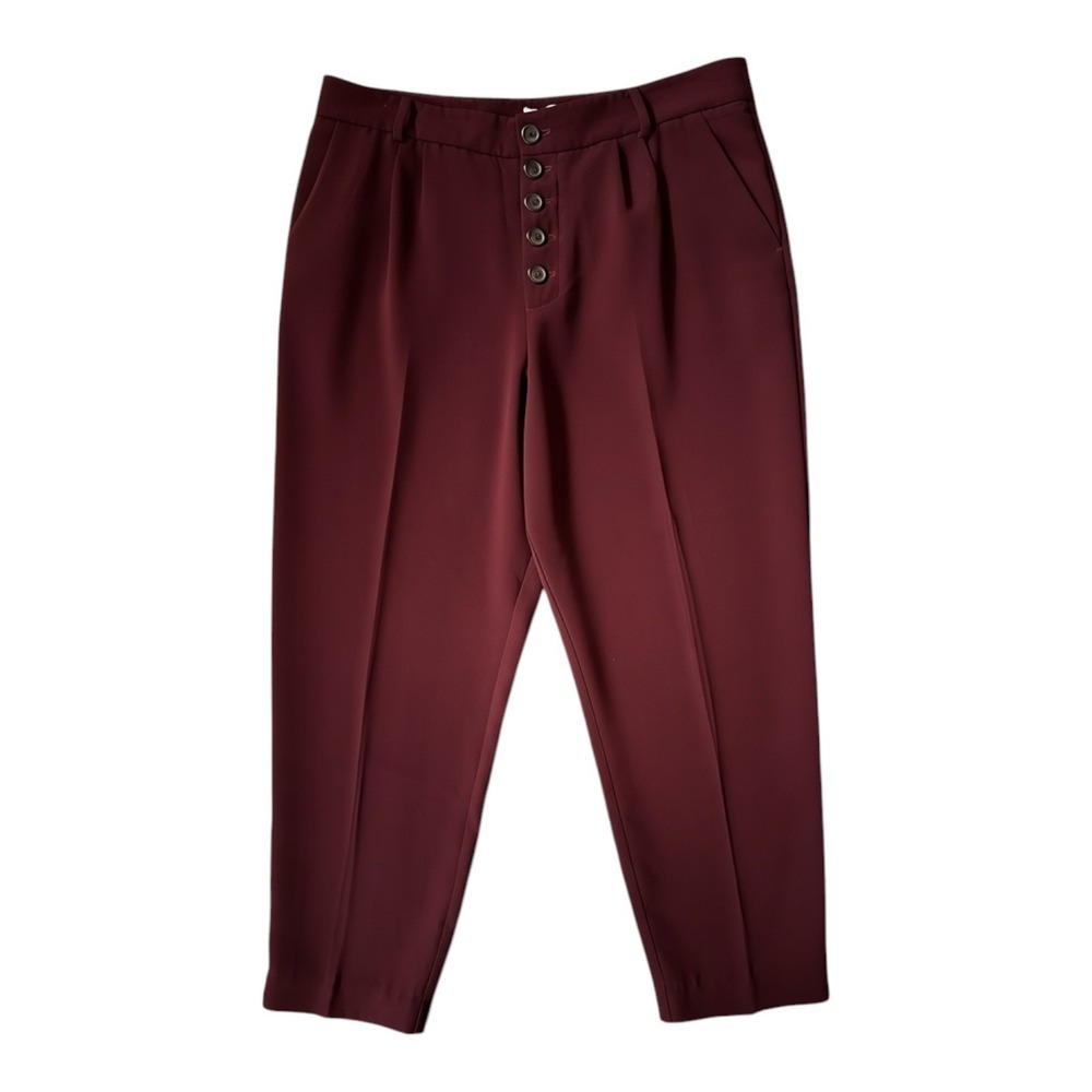 Anthropologie Dress Pants Women's 12 Burgundy Button Fly Tapered Trousers Office
